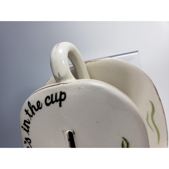 Tea Cup Shaped Coin Bank Your Fortunes in the Cup w Rooster Pennsylvania Dutch - Picture 10 of 10